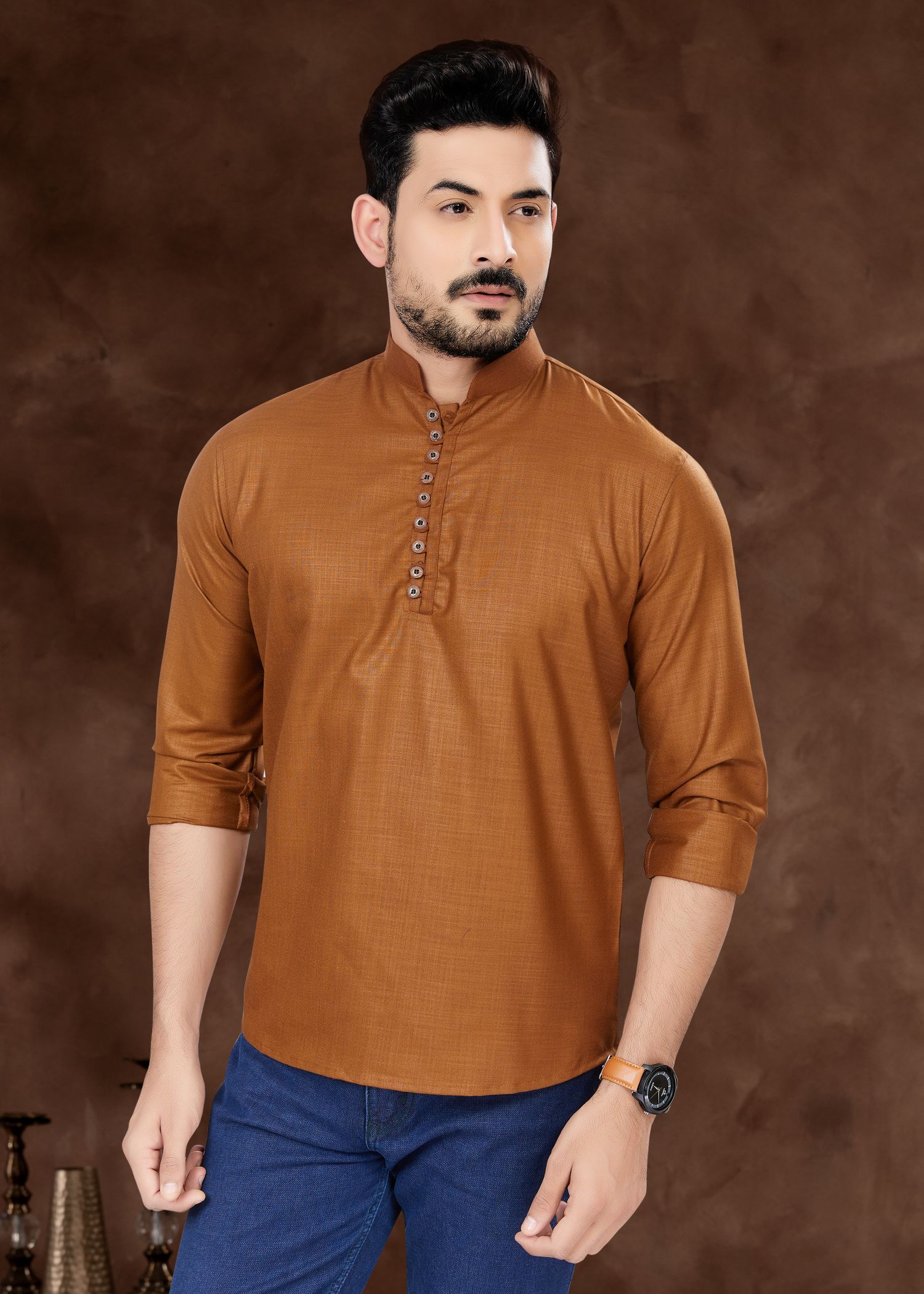 Elegant Chocolate Men's Short Kurta in Pure Cotton: Perfect for Weddings and Parties!