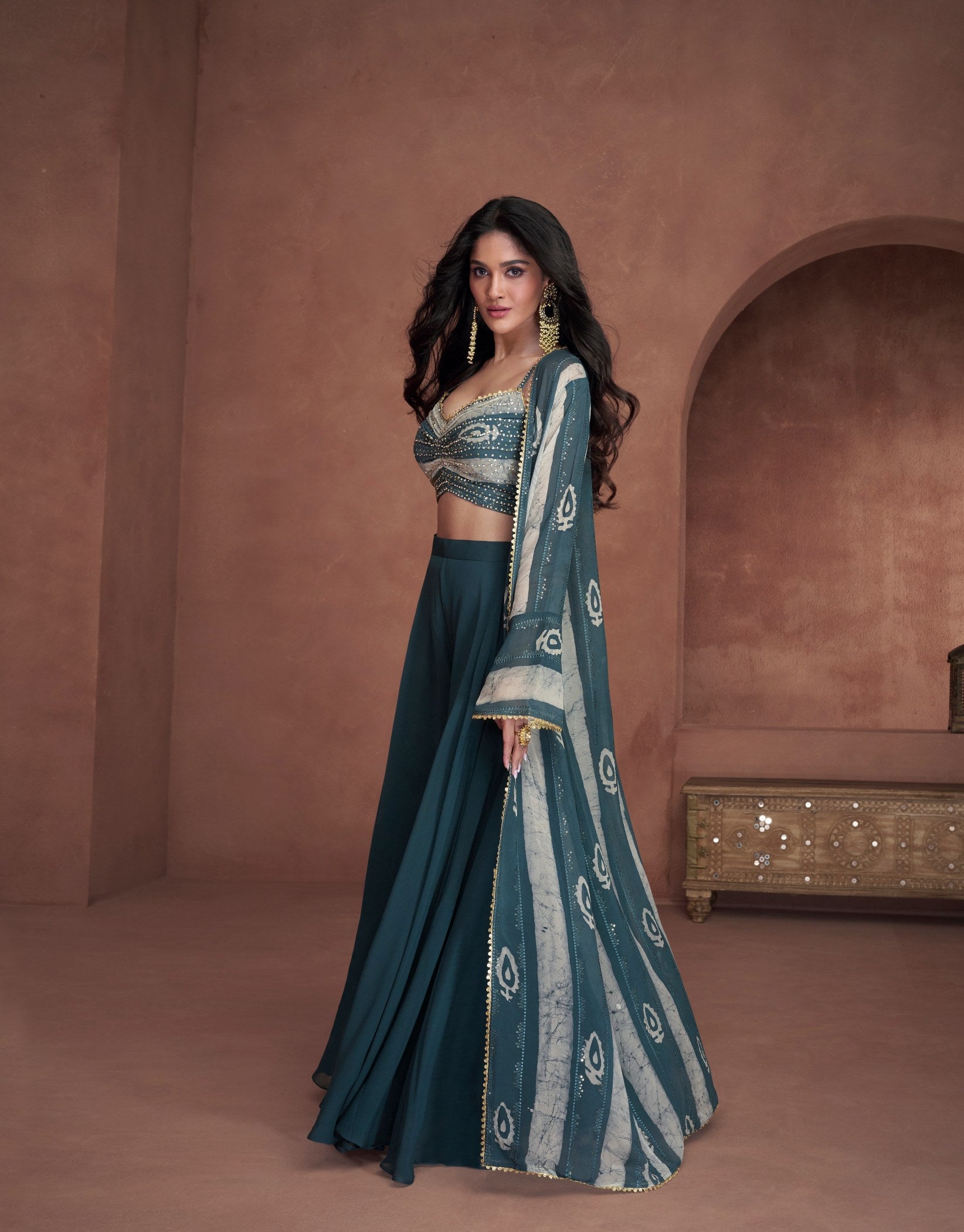 Ethereal White and Blue Real Georgette Lehenga Choli Ensemble