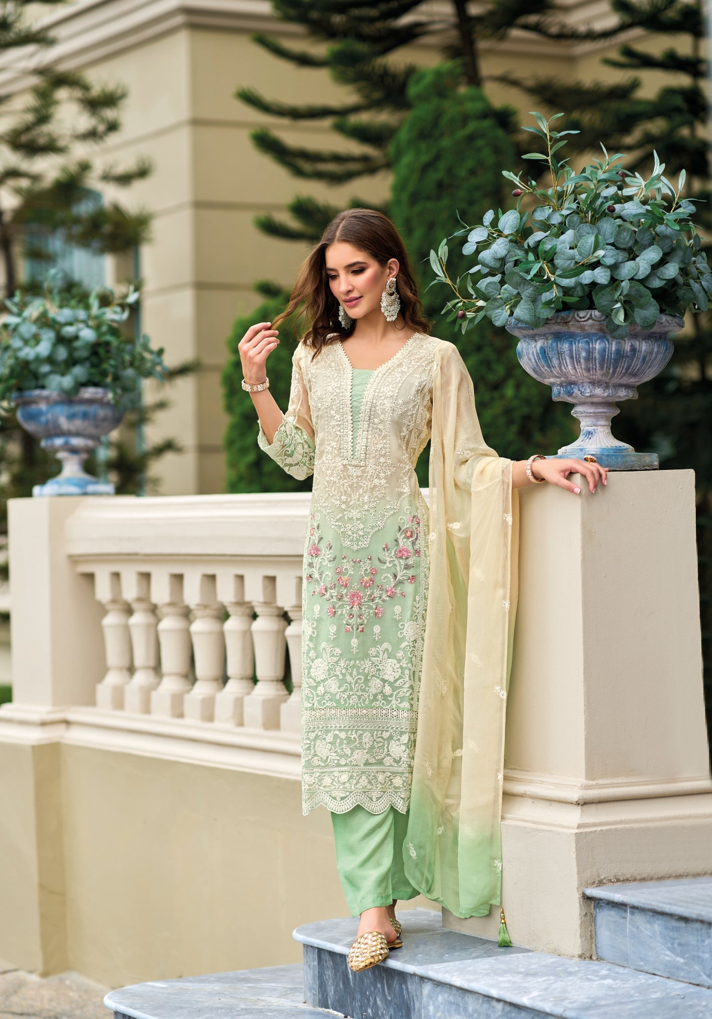 Elegant Green Salwar Suit with Embroidery, Moti Work, and Gpo Lace