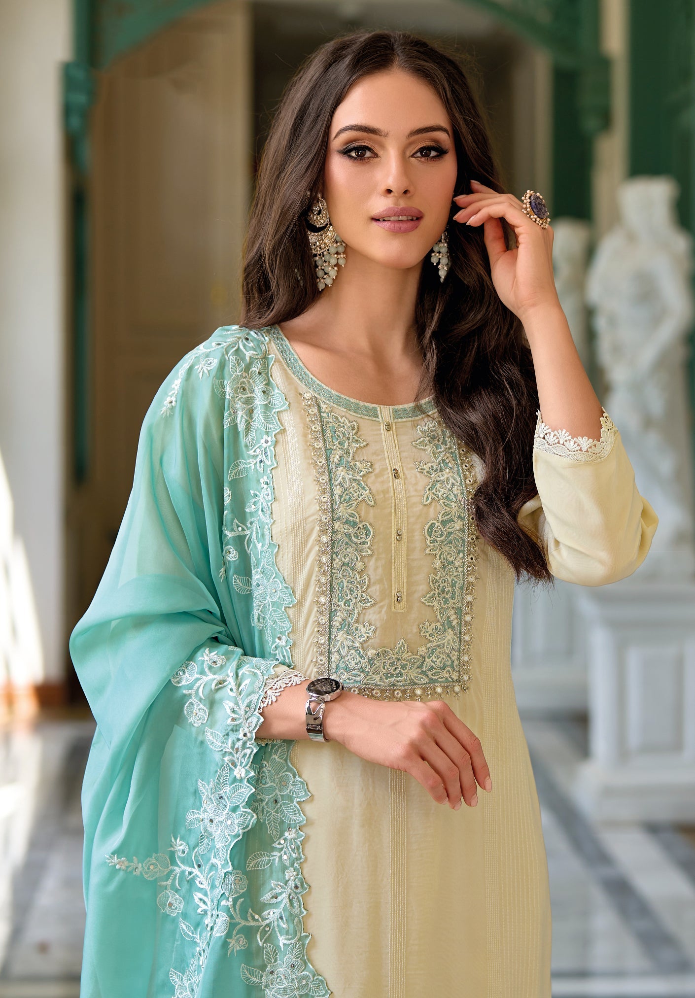 Cream Soft Organza Embroidery Khatli Salwar Suit for Wedding & Party