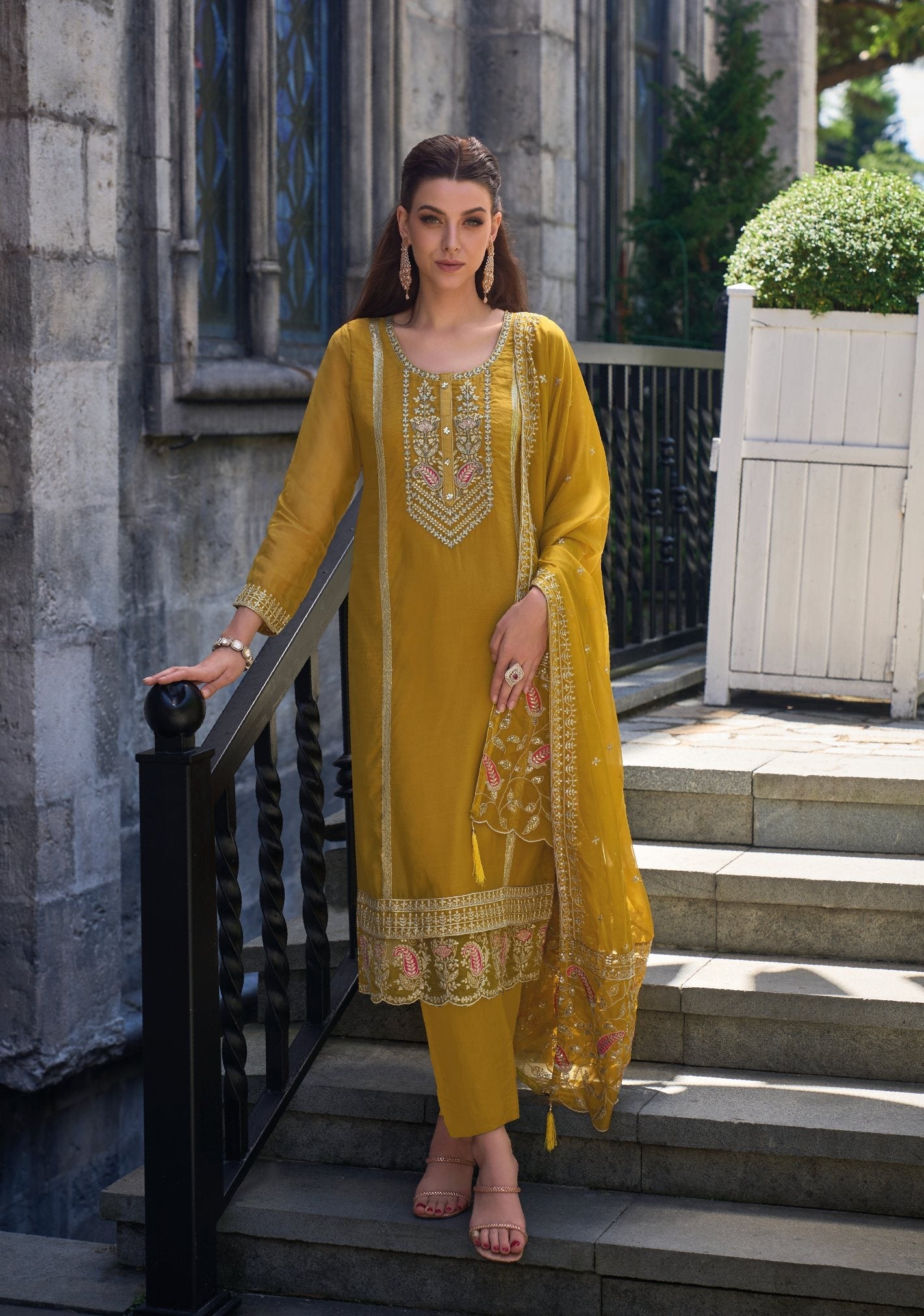 Elegant Yellow Salwar Suit: Organza Embroidery & Heavy Silk for Weddings & Parties