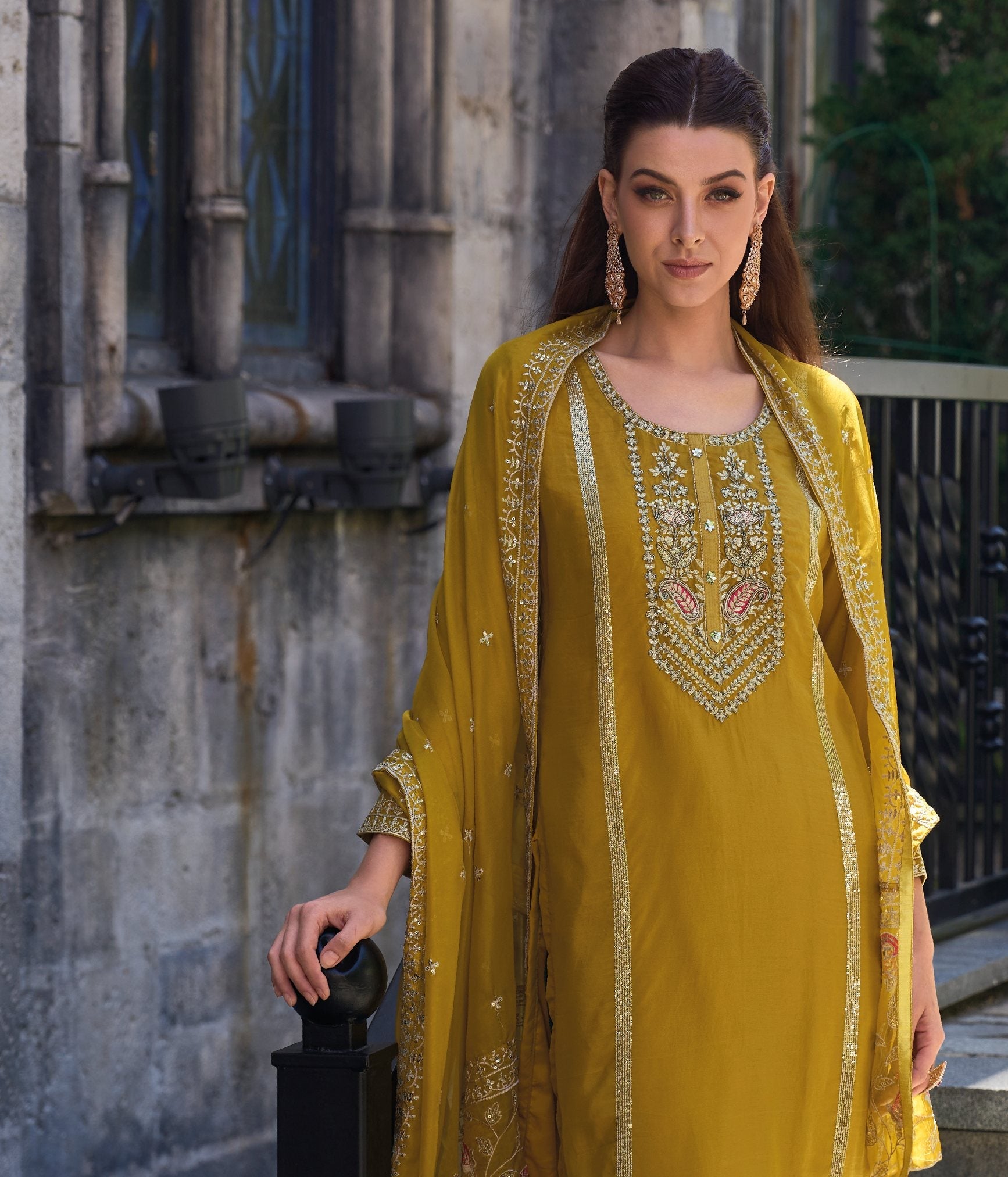 Elegant Yellow Salwar Suit: Organza Embroidery & Heavy Silk for Weddings & Parties