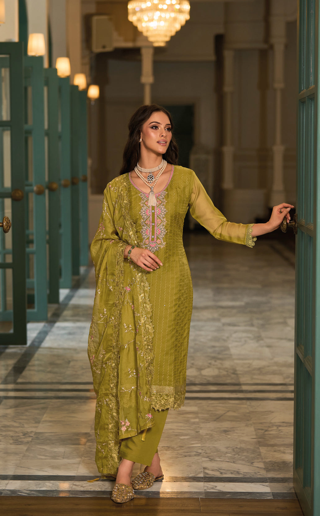 Elegant Green Salwar Suit with Handcrafted Organza Embroidery for Weddings & Parties