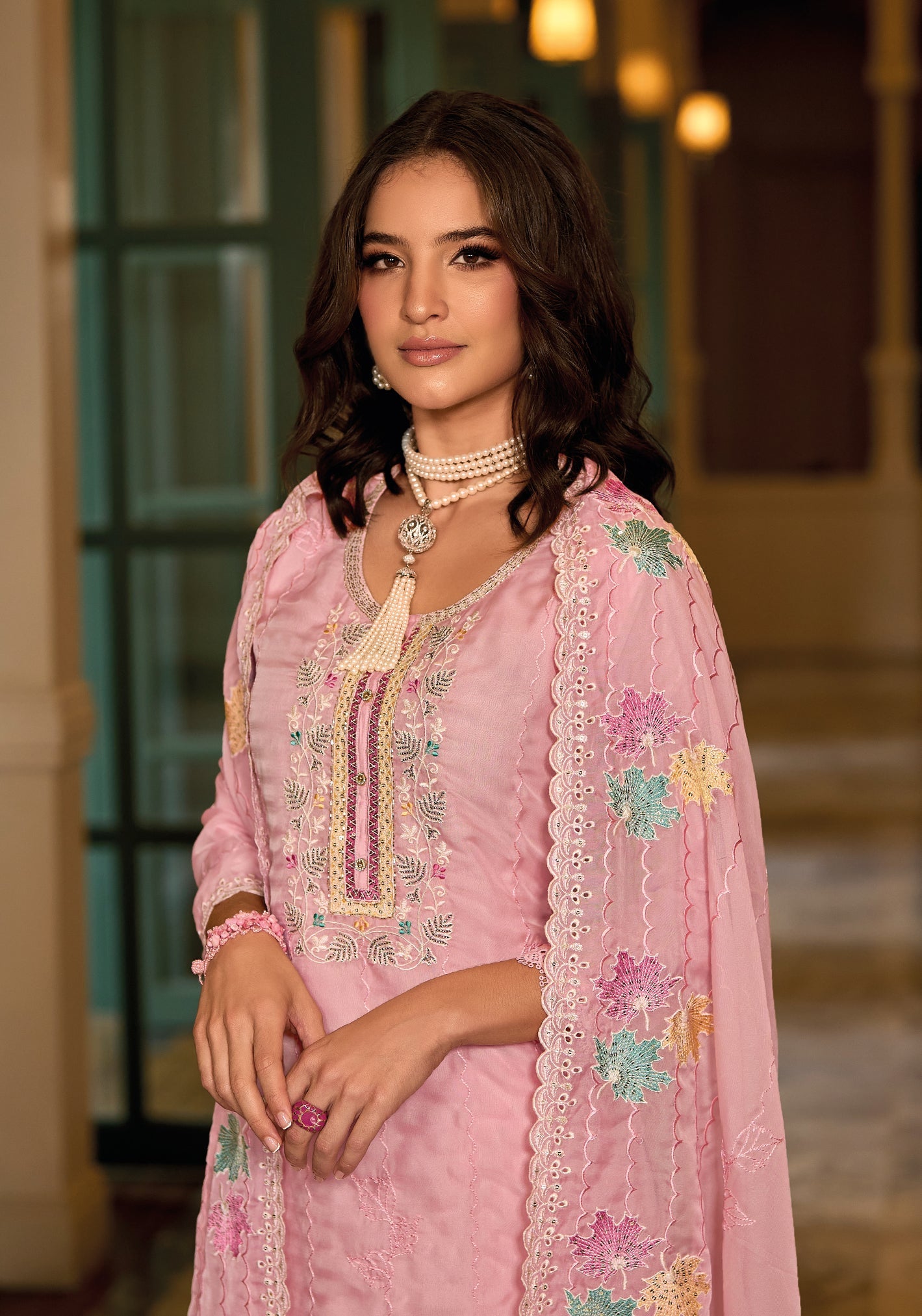 Elegant Pink Salwar Suit with Hand-Embroidered Organza & Silk Splendor