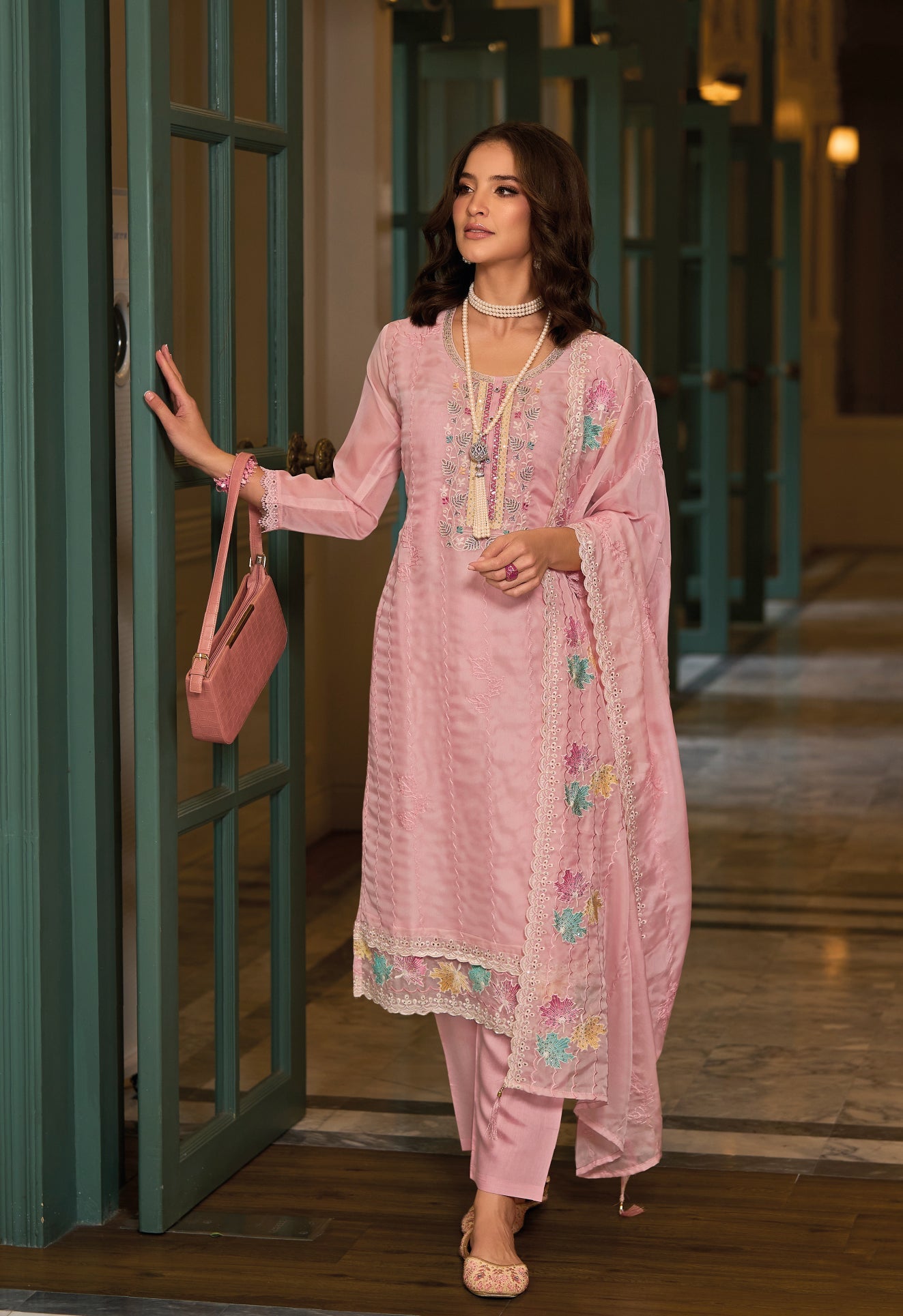 Elegant Pink Salwar Suit with Hand-Embroidered Organza & Silk Splendor