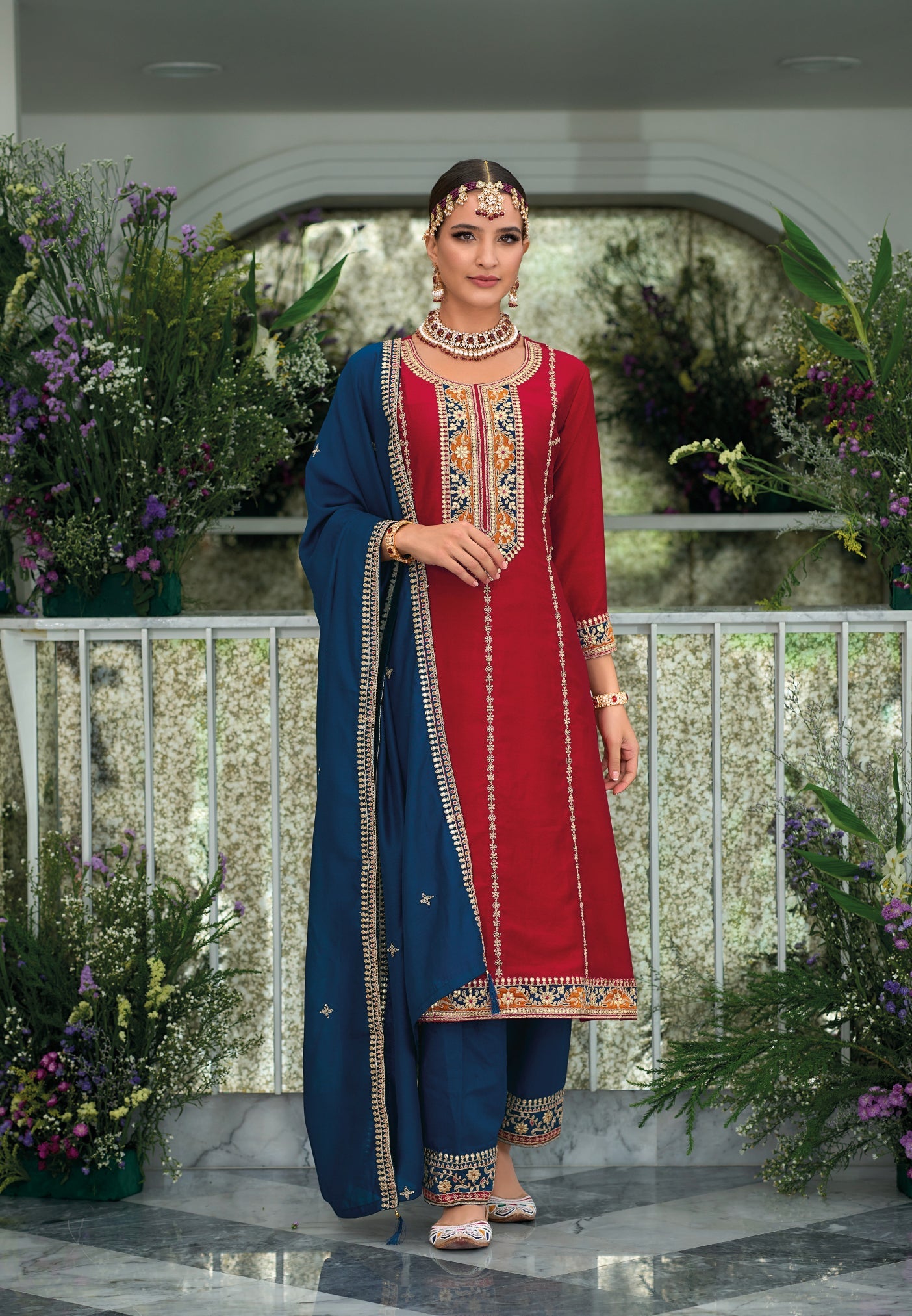 Elegant Red Silk Salwar Suit with Georgette - Perfect for Weddings & Parties