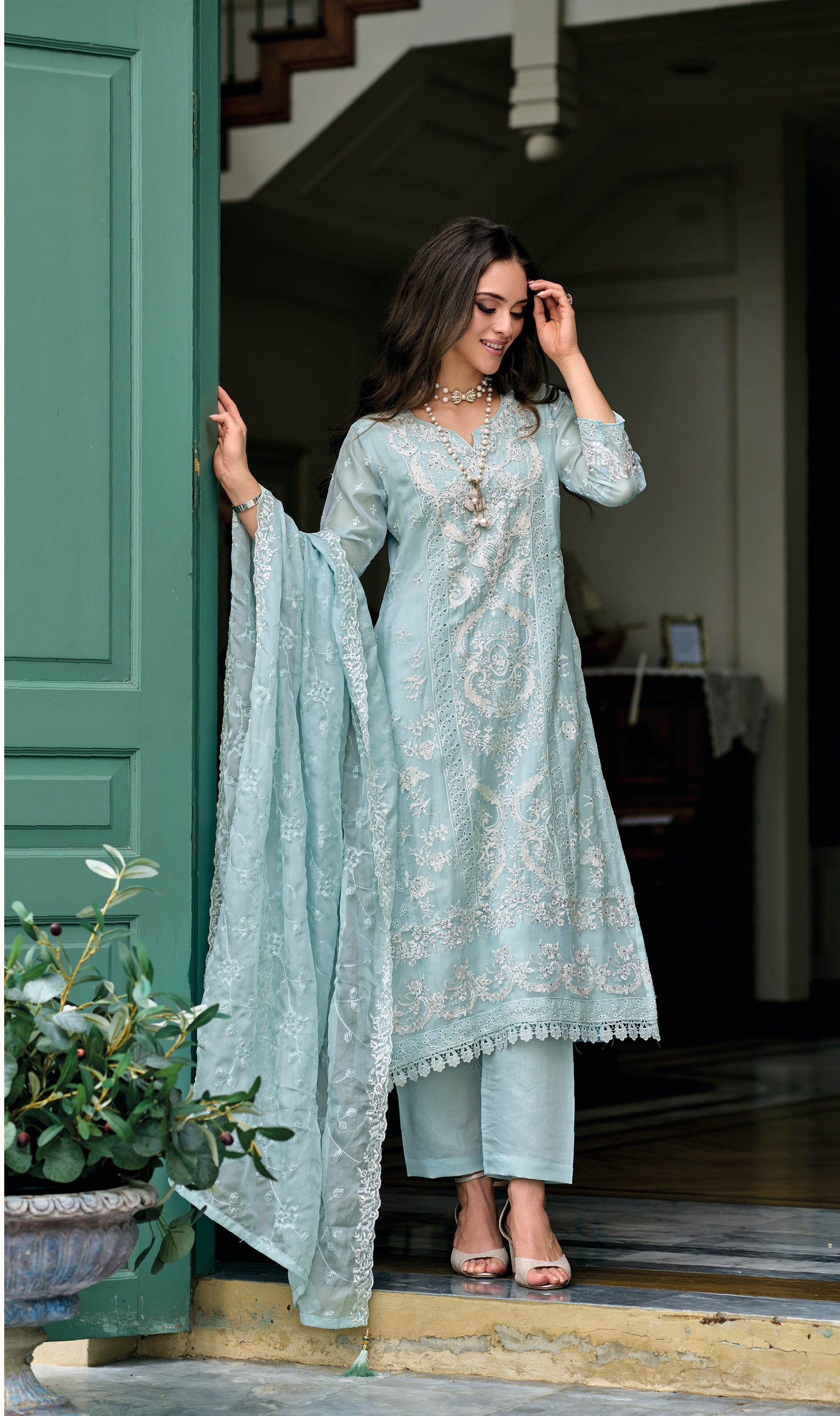 Elegant Blue Salwar Suit with Hand-Embroidered Organza for Weddings & Parties