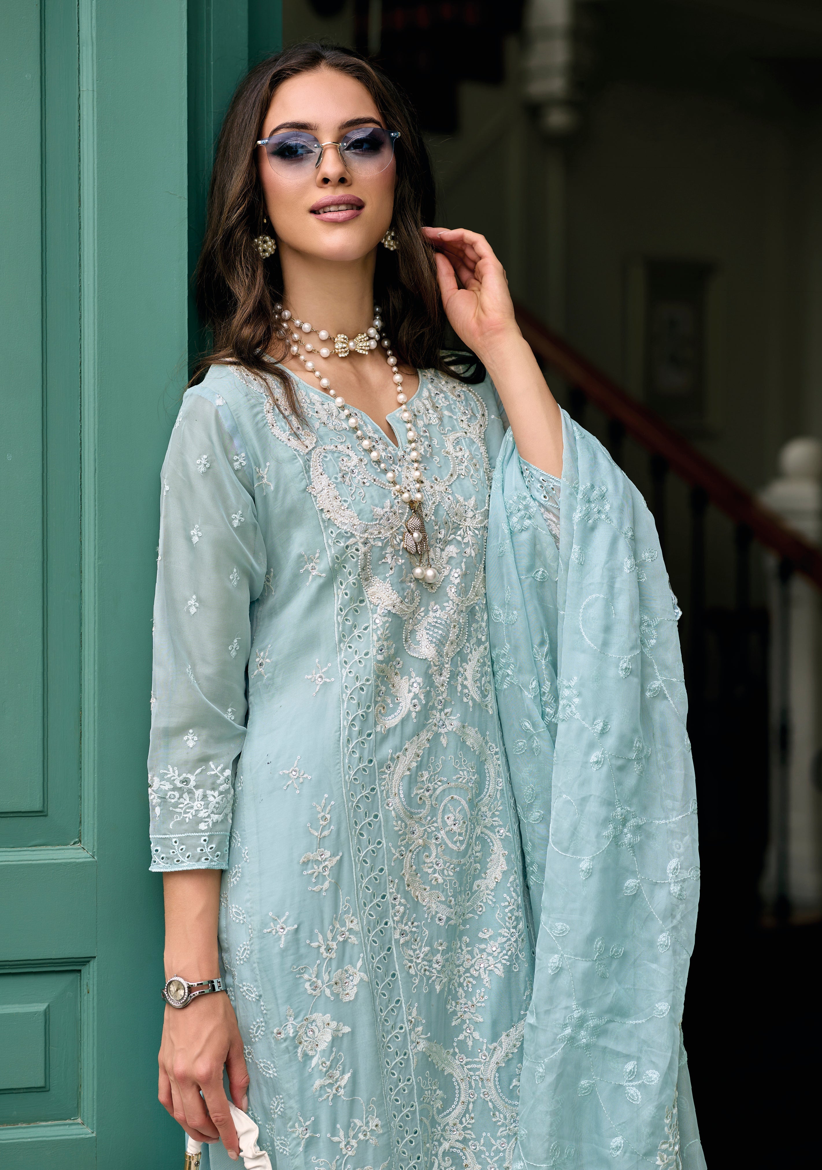 Elegant Blue Salwar Suit with Hand-Embroidered Organza for Weddings & Parties