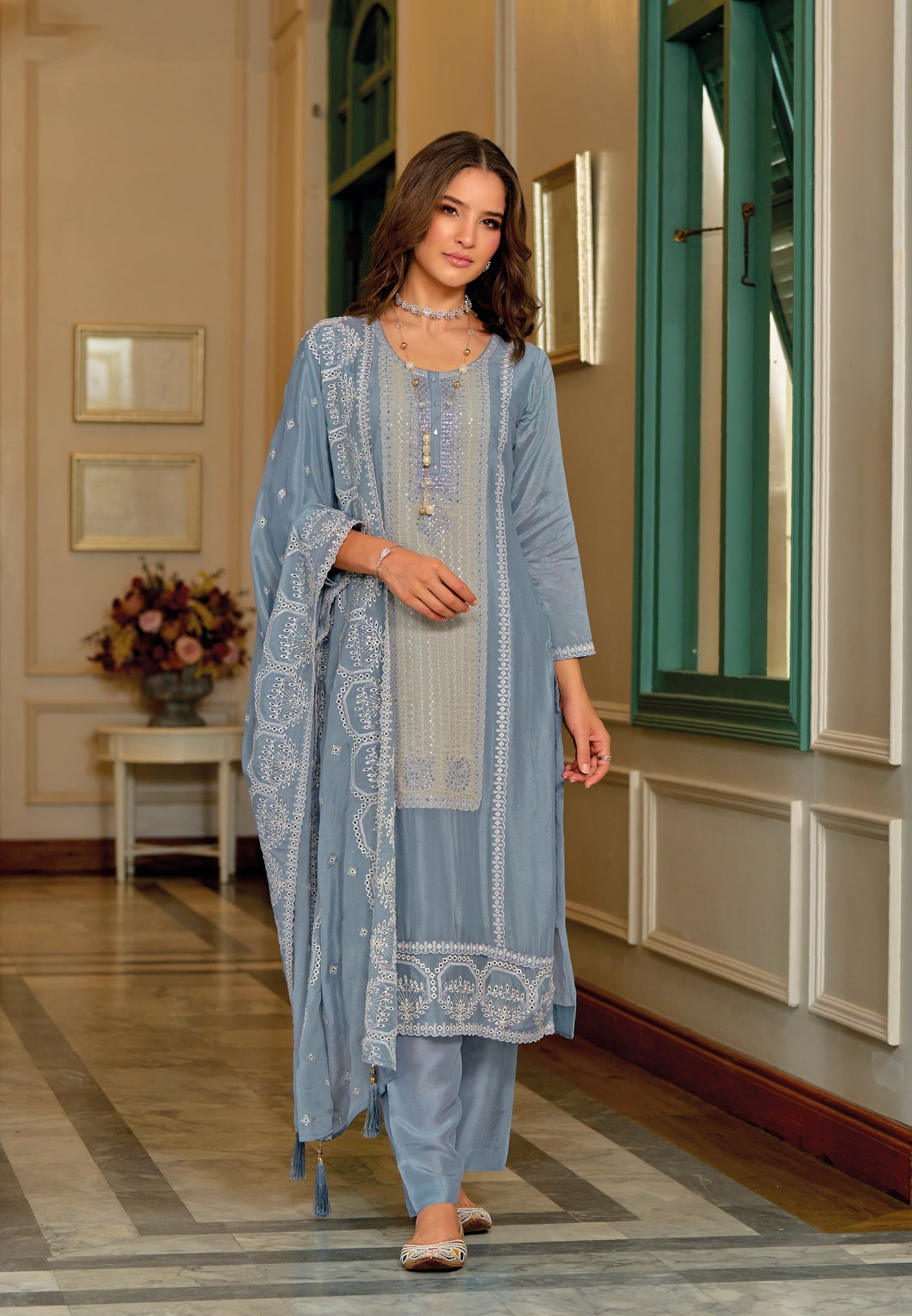 Elegant Blue Silk Salwar Suit with Exquisite Embroidery for Wedding & Party